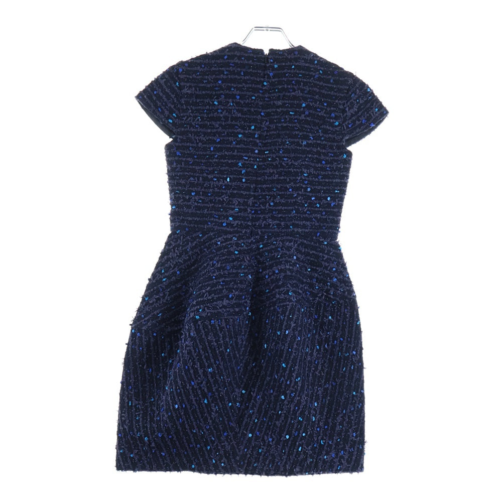 YOKO CHAN(ヨーコ チャン) ミックス ラメ ツイード ボーダー総柄 クルーネック ショートスリーブ 半袖 バルーン ミディアムワンピース ドレス ネイビー/パープル レディース YCD-519-439