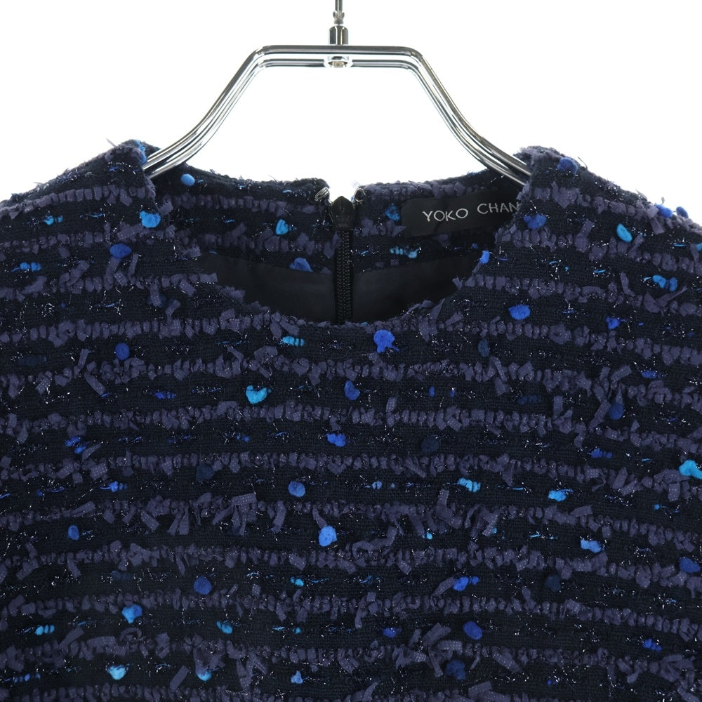 YOKO CHAN(ヨーコ チャン) ミックス ラメ ツイード ボーダー総柄 クルーネック ショートスリーブ 半袖 バルーン ミディアムワンピース ドレス ネイビー/パープル レディース YCD-519-439