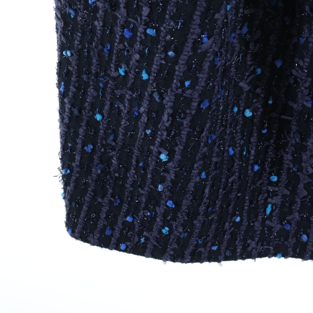 YOKO CHAN(ヨーコ チャン) ミックス ラメ ツイード ボーダー総柄 クルーネック ショートスリーブ 半袖 バルーン ミディアムワンピース ドレス ネイビー/パープル レディース YCD-519-439