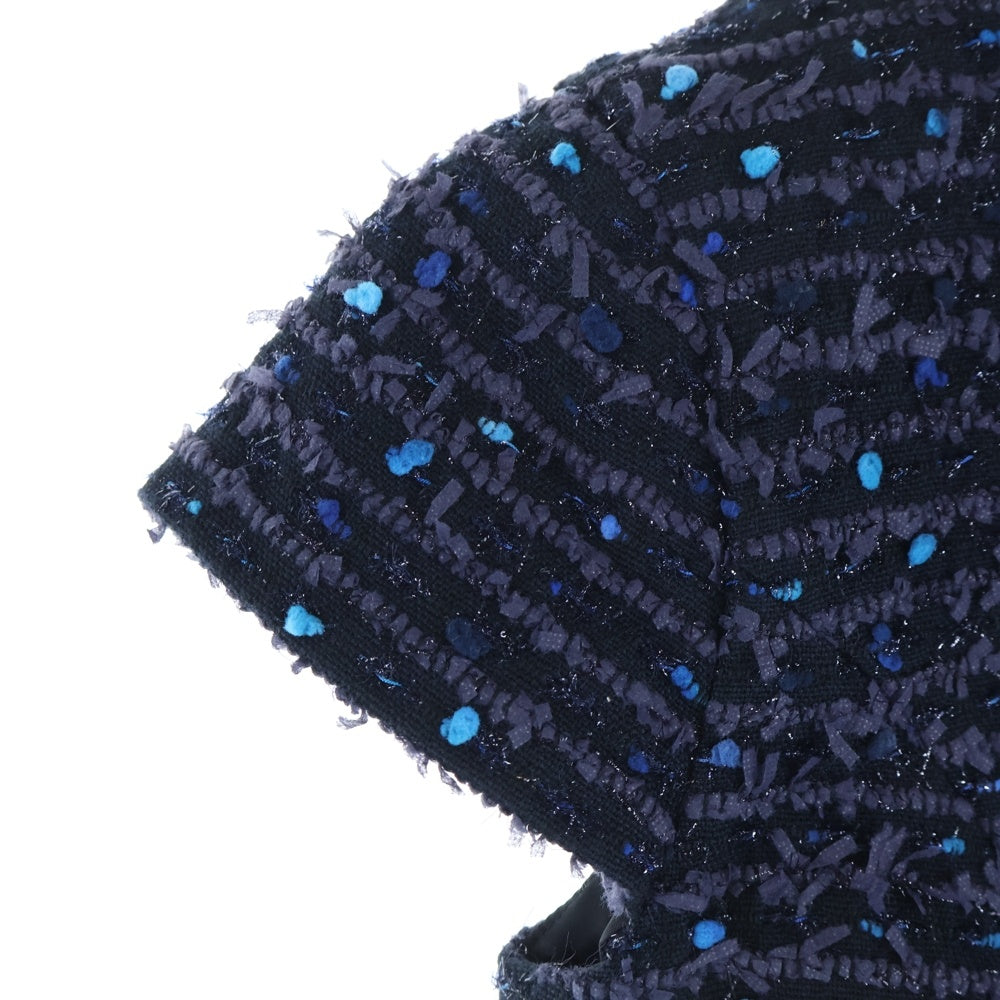 YOKO CHAN(ヨーコ チャン) ミックス ラメ ツイード ボーダー総柄 クルーネック ショートスリーブ 半袖 バルーン ミディアムワンピース ドレス ネイビー/パープル レディース YCD-519-439