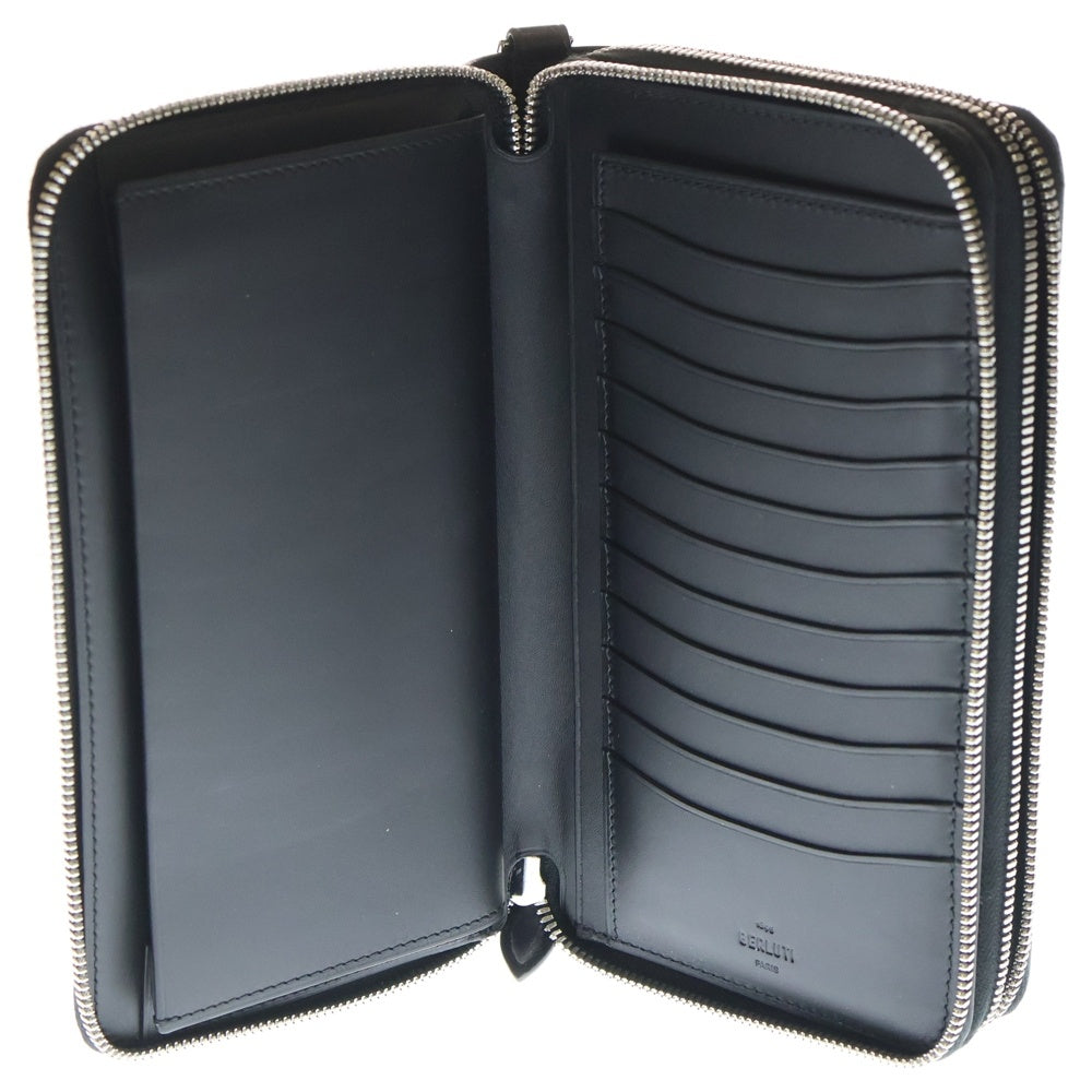 Berluti(ベルルッティ) カリグラフィ オーガナイザー ラウンドダブルファスナー ロングウォレット 財布 ブラック レザー シルバー金具