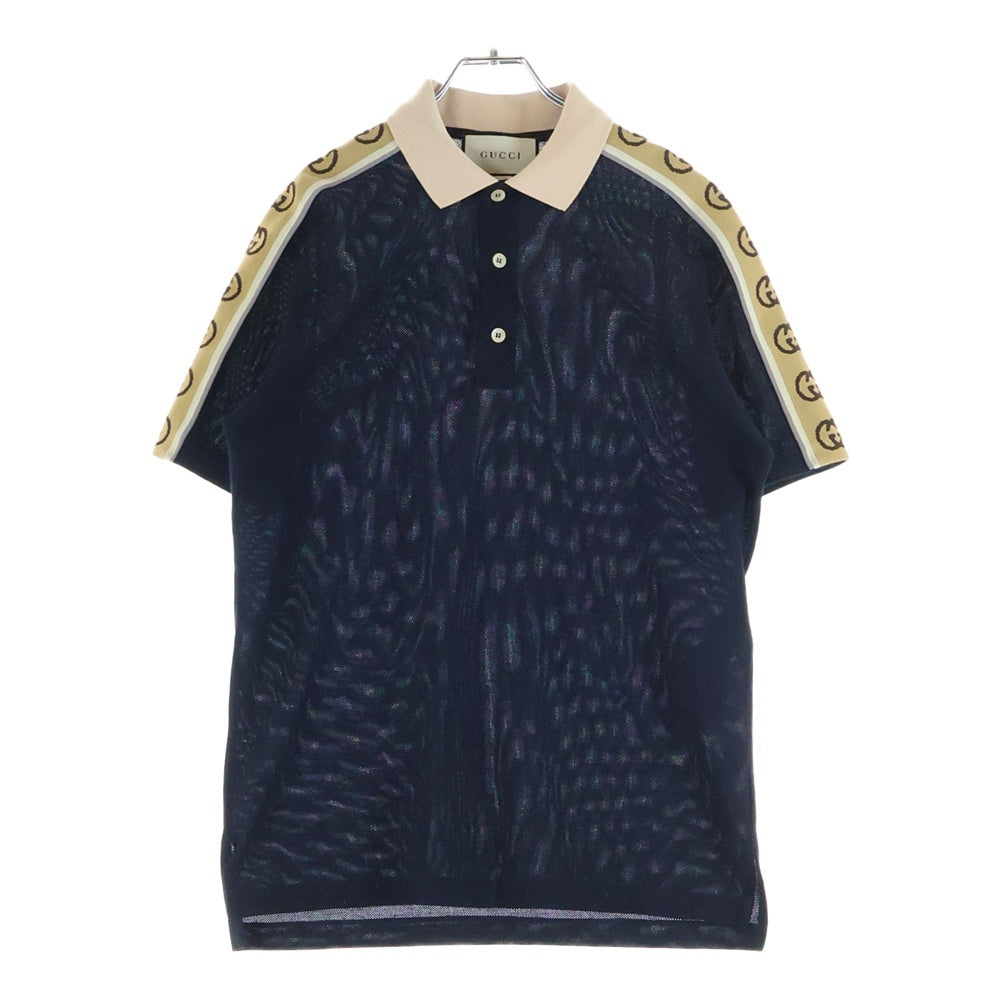 GUCCI(グッチ) 21AW インターロッキングG ストライプ 半袖ポロ シャツ ネイビー×ベージュ レディース