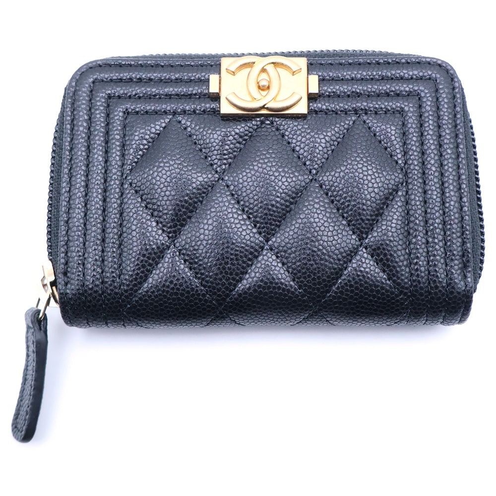 CHANEL(シャネル) ボーイシャネル コンパクトウォレット ミニ財布 コインケース ブラック キャビアスキン ゴールド金具 レディース