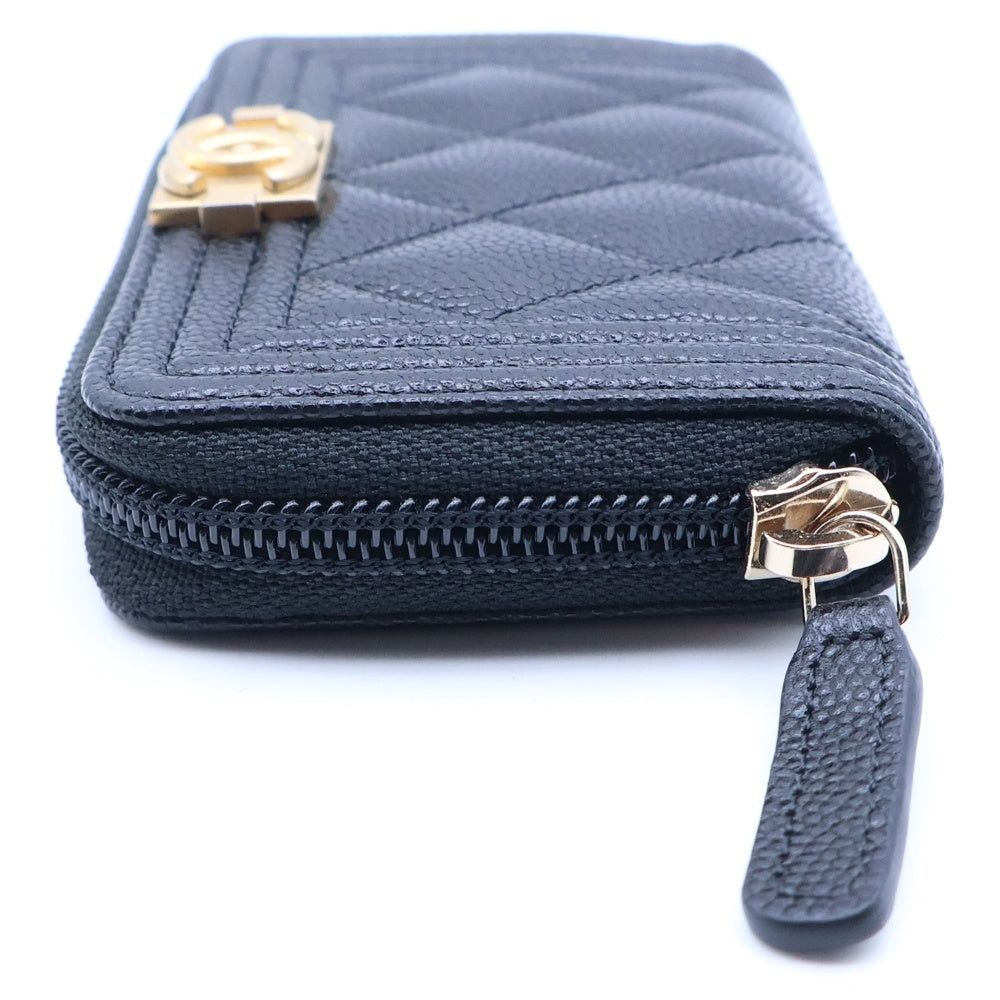 CHANEL(シャネル) ボーイシャネル コンパクトウォレット ミニ財布 コインケース ブラック キャビアスキン ゴールド金具 レディース