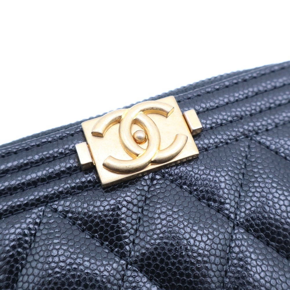 CHANEL(シャネル) ボーイシャネル コンパクトウォレット ミニ財布 コインケース ブラック キャビアスキン ゴールド金具 レディース