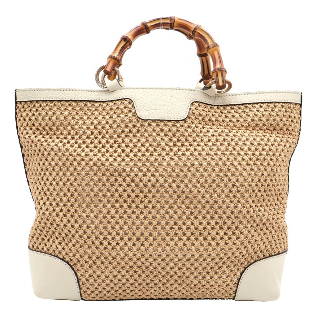 GUCCI(グッチ) バンブー ハンドバッグ カゴバッグ ベージュ×ホワイト レザー×ストロー 338965 ゴールド金具 レディース