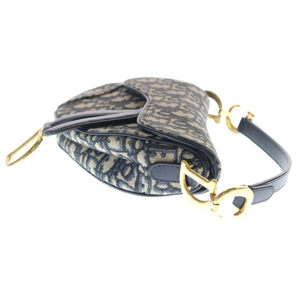 Christian Dior(クリスチャンディオール) オブリーク サドルバッグ トップハンドルバッグ ハンドバッグ ネイビー レザー×キャンバス ゴールド金具 レディース