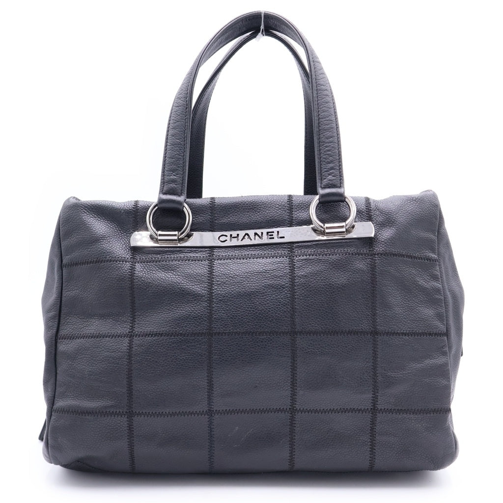 CHANEL(シャネル) チョコバー キャビアスキン ステッチ ハンドバッグ ボストンバッグ シルバー金具 ブラック レディース