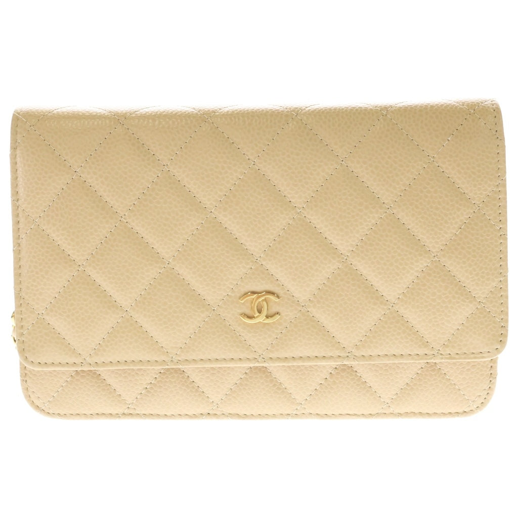 CHANEL(シャネル) マトラッセ ココマーク キャビアスキン ゴールド金具 チェーンウォレット ショルダーバッグ AP0250 プレート ベージュ レディース
