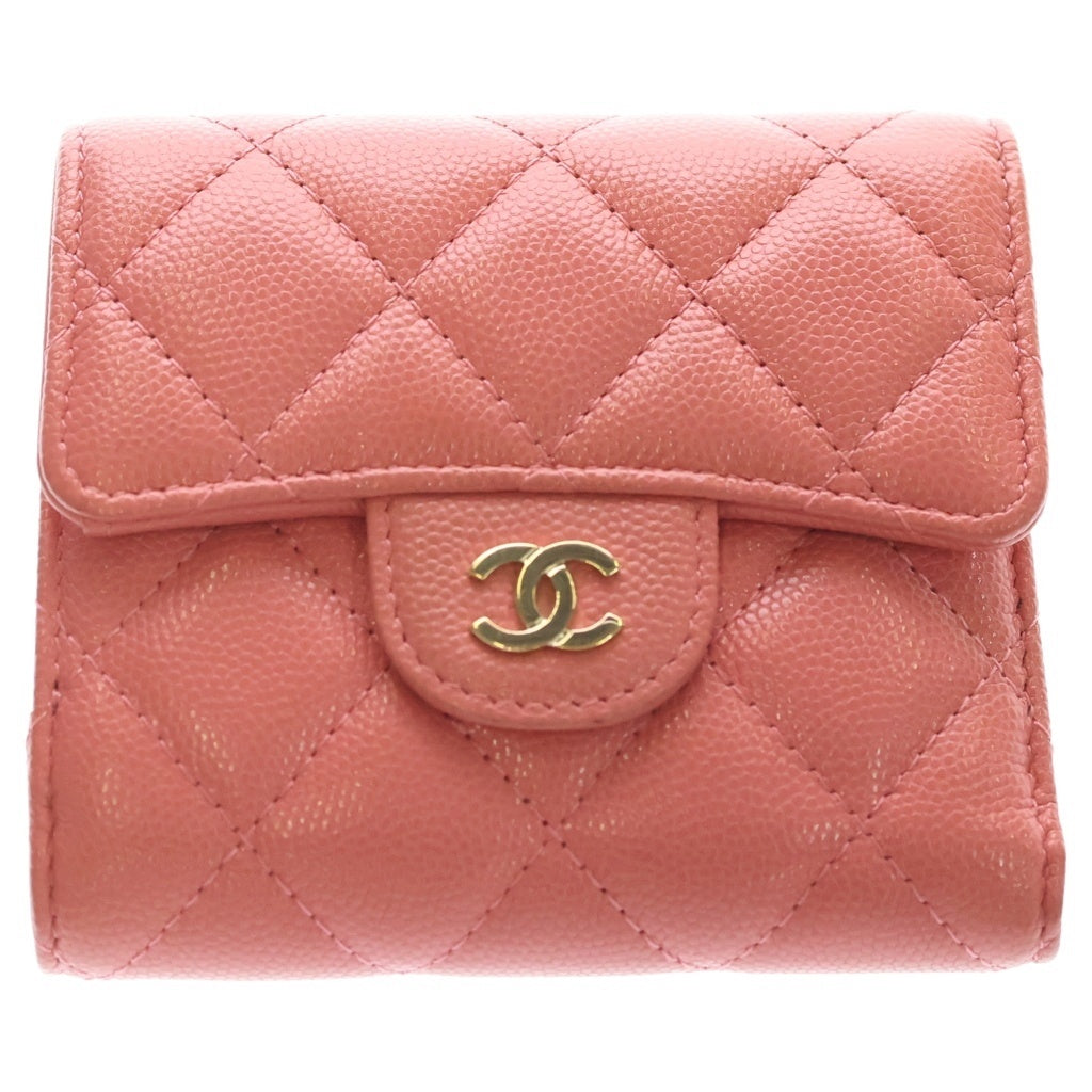 CHANEL(シャネル) マトラッセ 三つ折り財布 コンパクトウォレット コインケース ピンク キャビアスキン ゴールド金具 レディース