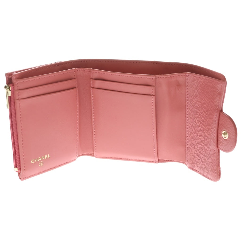 CHANEL(シャネル) マトラッセ 三つ折り財布 コンパクトウォレット コインケース ピンク キャビアスキン ゴールド金具 レディース