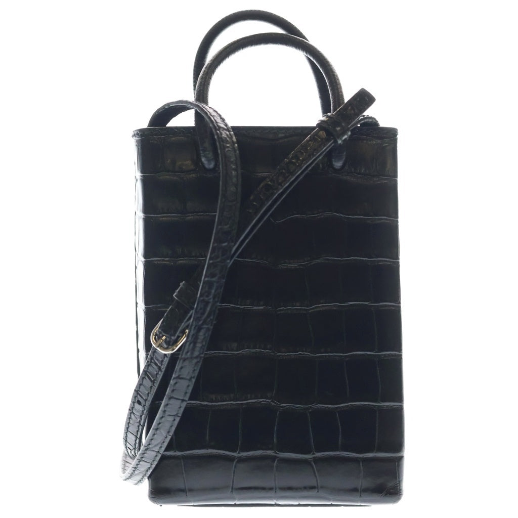 BALENCIAGA(バレンシアガ) ショッピング フォンホルダー クロコ型押し エンボス レザー 2WAY ハンド ショルダーバッグ ブラック 593826 レディース