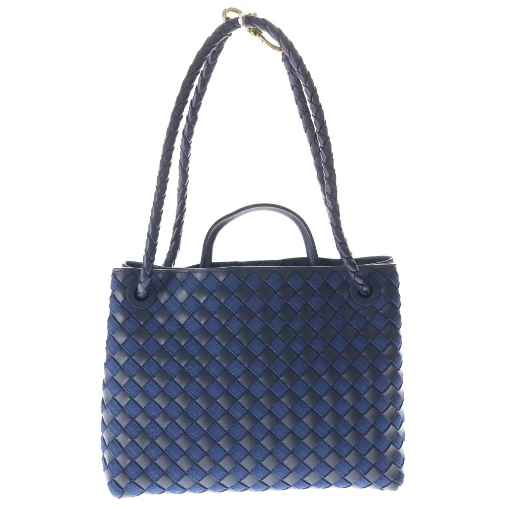 BOTTEGA VENETA(ボッテガヴェネタ) イントレチャート アンディアーモ ミディアム 2WAYハンドバッグ トートバッグ 肩掛けバッグ ネイビー レザー×デニム ゴールド金具 レディース