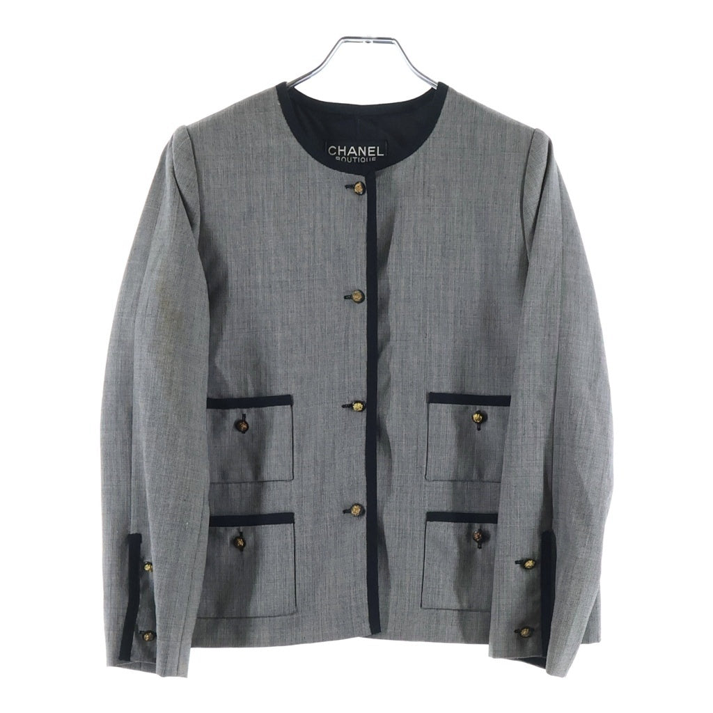 CHANEL(シャネル) ライオンボタン 千鳥柄 リネン ノーカラー ジャケット グレー レディース