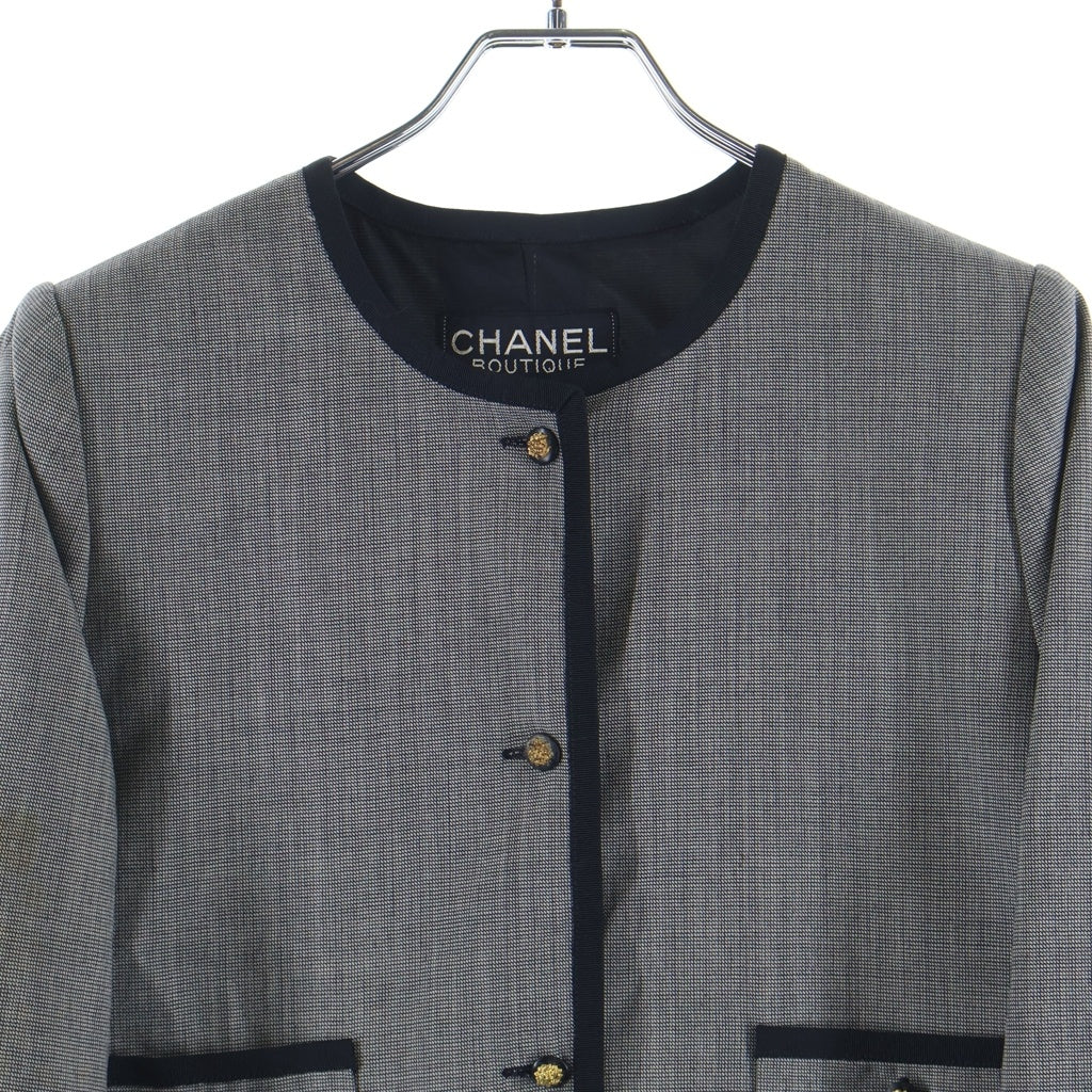 CHANEL(シャネル) ライオンボタン 千鳥柄 リネン ノーカラー ジャケット グレー レディース