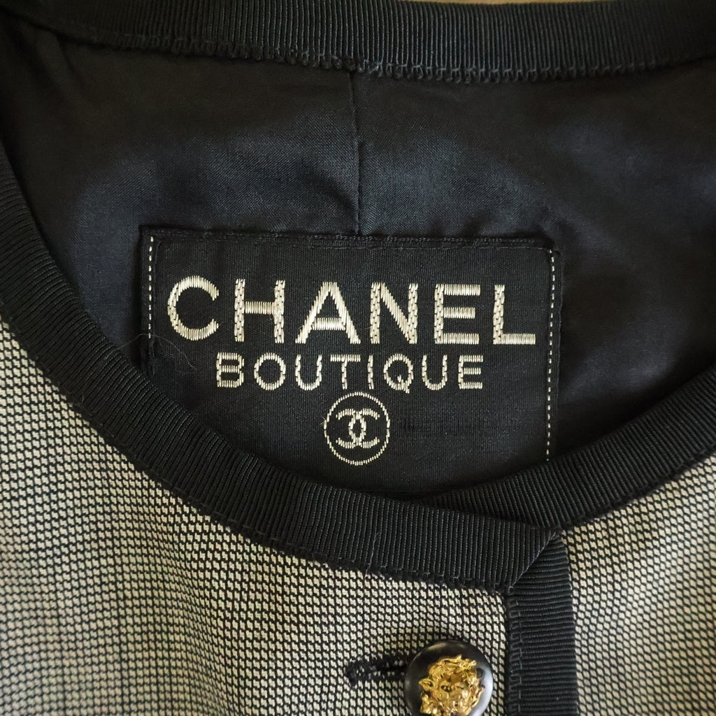 CHANEL(シャネル) ライオンボタン 千鳥柄 リネン ノーカラー ジャケット グレー レディース