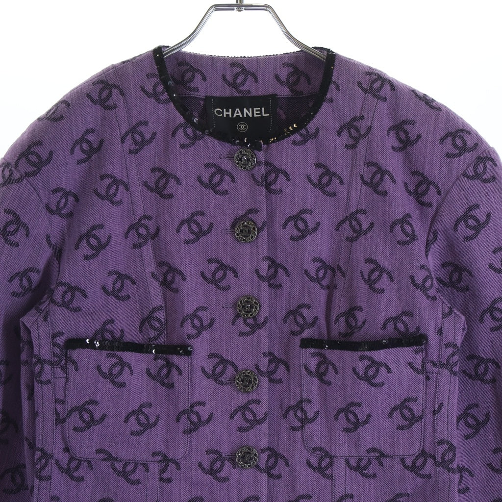 CHANEL(シャネル) ココマークノーカラージャケット パープル×ブラック コットン #36 P72568V64160 レディース