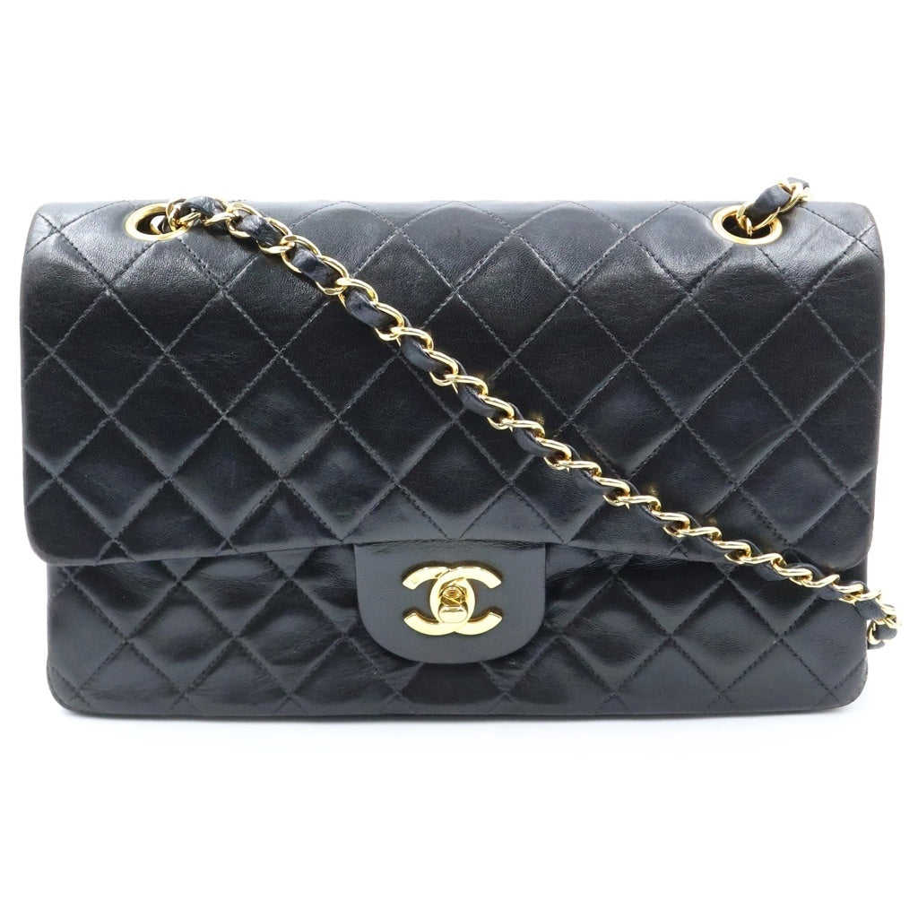 CHANEL(シャネル) マトラッセ25 Wフラップ Wチェーンショルダーバッグ ブラック ラムスキン ゴールド金具 レディース