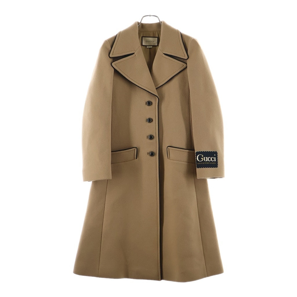GUCCI(グッチ) 袖ロゴ シングルブレスト ウール ロングコート チェスターコート アウター #36 ブラウン 652015 ZAAL6 レディース