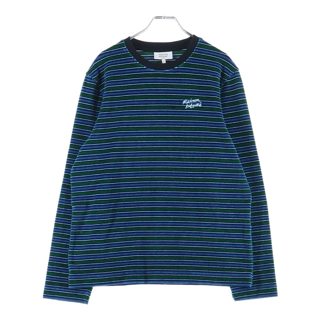 MAISON KITSUNE(メゾンキツネ) ロゴ刺繍 ベルベット ロンT クルーネック長袖トップス ブルー×グリーン NM00103KA0021