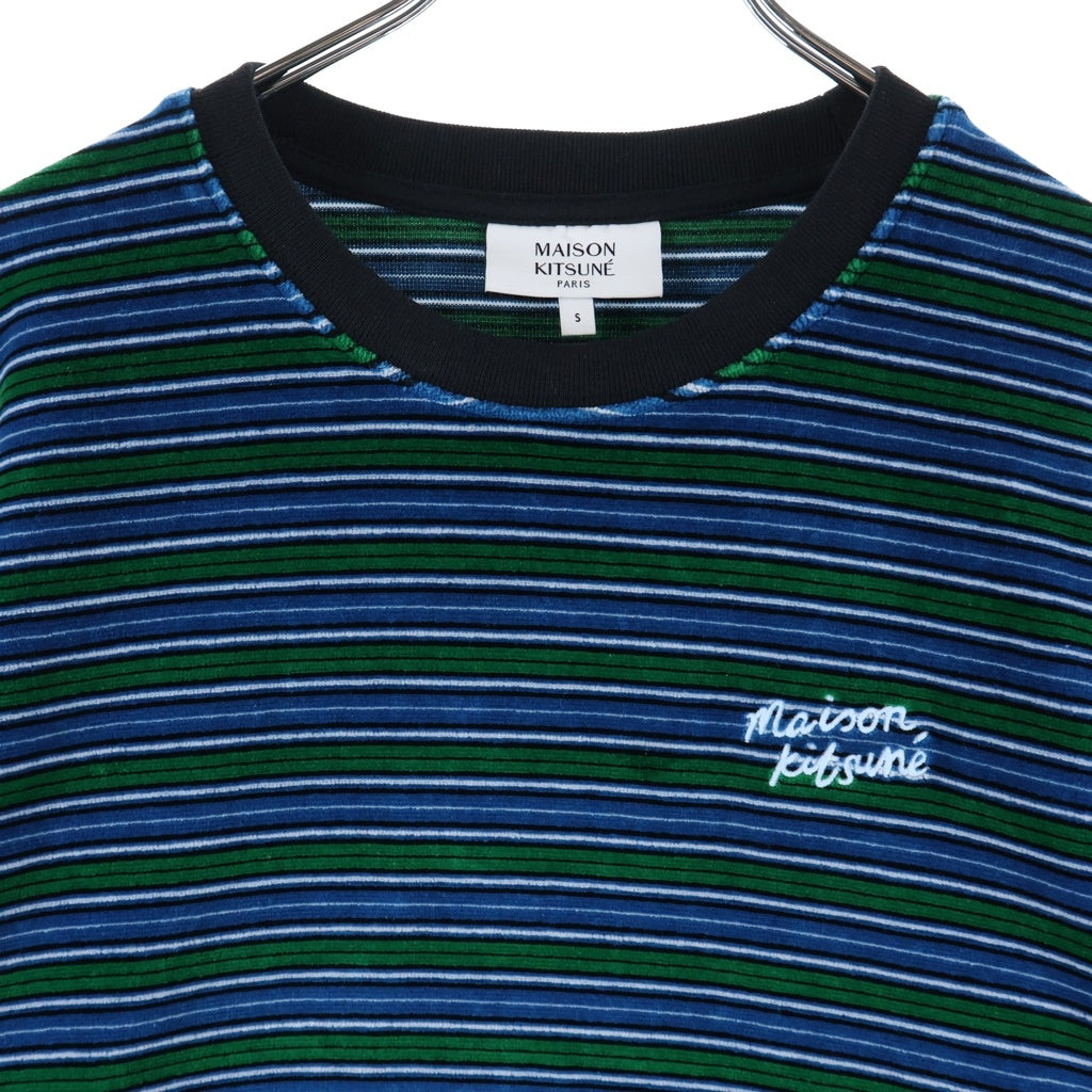 MAISON KITSUNE(メゾンキツネ) ロゴ刺繍 ベルベット ロンT クルーネック長袖トップス ブルー×グリーン NM00103KA0021