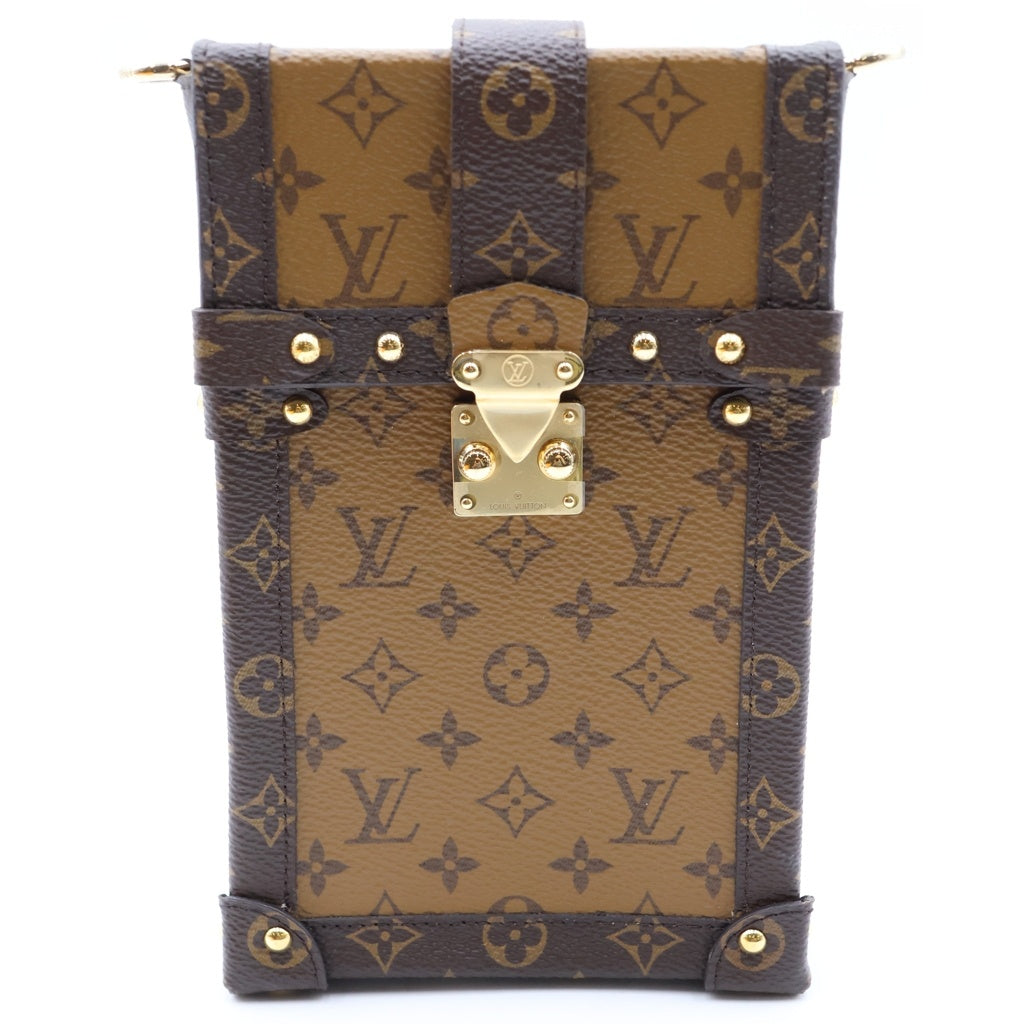 LOUIS VUITTON(ルイヴィトン) モノグラム リバース ポシェット トランク ヴェルティカル ショルダーバッグ ミニバッグ フォンケース ブラウン レザー M67873 ゴールド金具 レディース