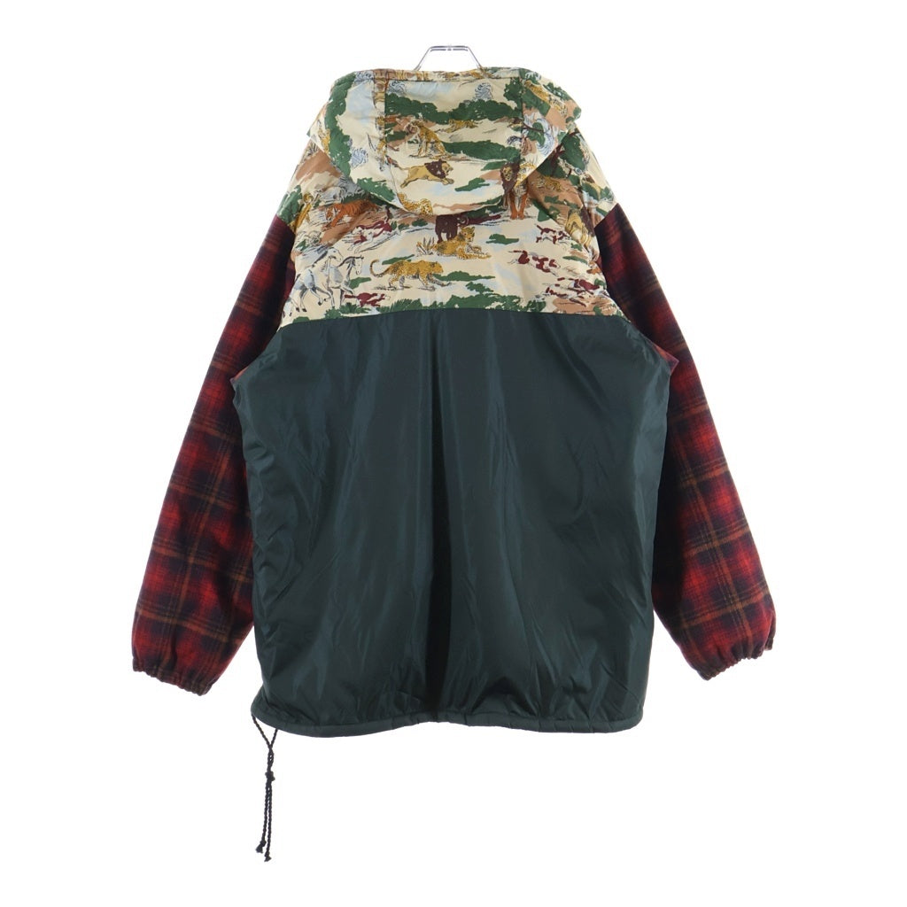 GUCCI(グッチ) 異素材 アニマル アームチェック柄 ジップフーデッドコート グリーン×レッド 595445 Z4937