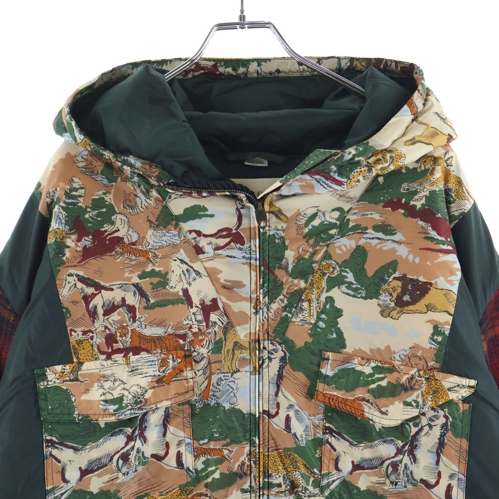 GUCCI(グッチ) 異素材 アニマル アームチェック柄 ジップフーデッドコート グリーン×レッド 595445 Z4937