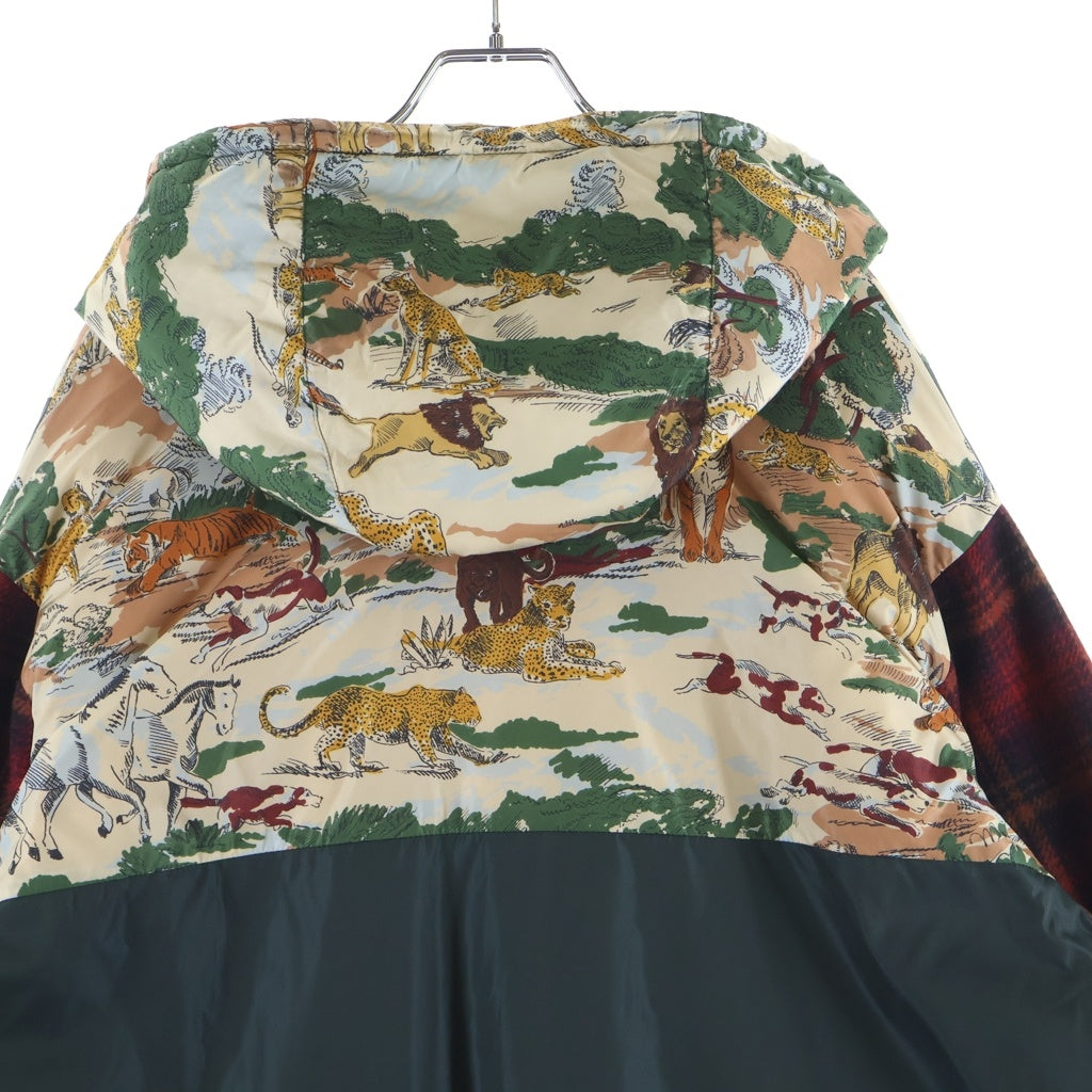 GUCCI(グッチ) 異素材 アニマル アームチェック柄 ジップフーデッドコート グリーン×レッド 595445 Z4937