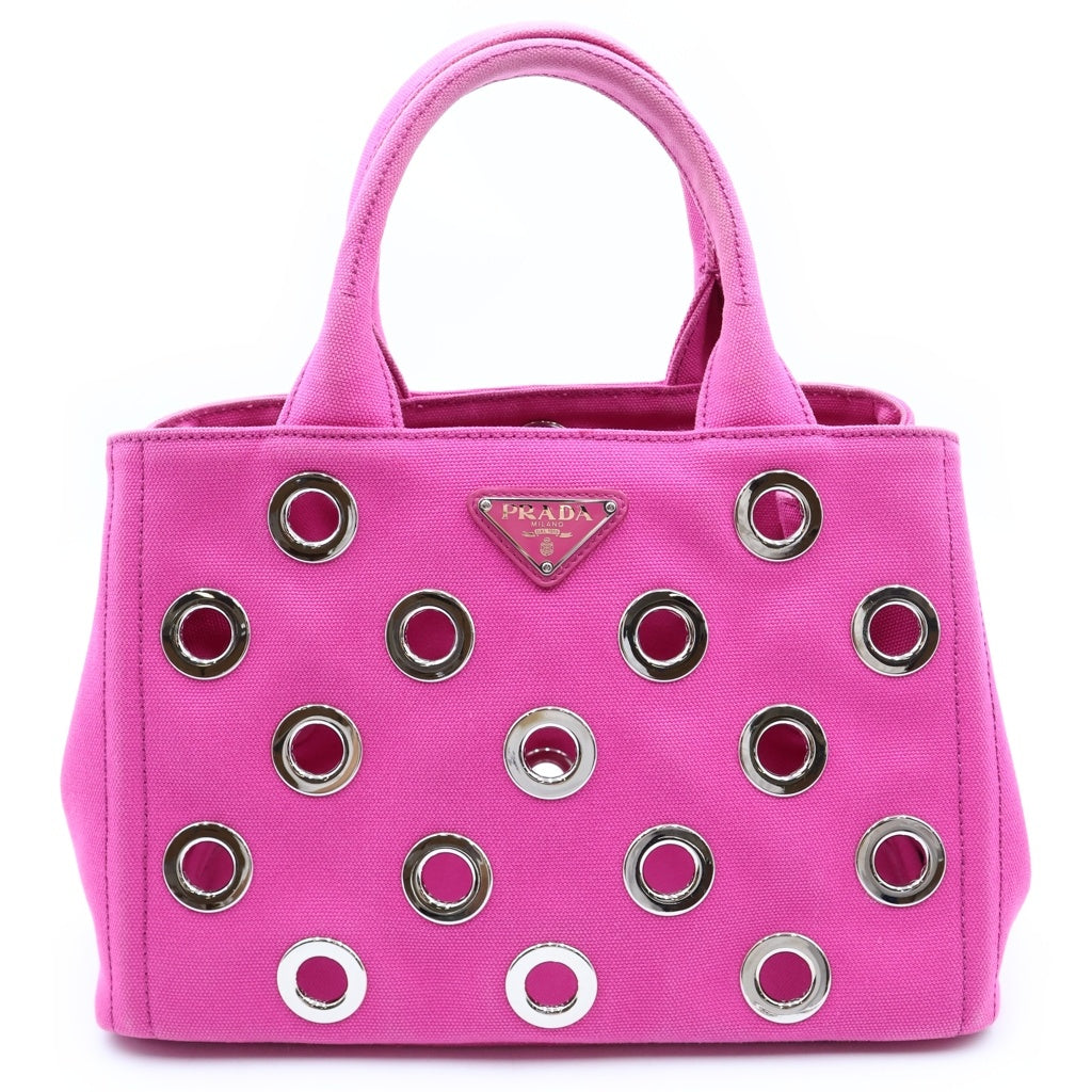 PRADA(プラダ) カナパ グロメット トライアングルロゴプレート アイレット ハトメ キャンバス 2WAY ハンド ショルダーバッグ シルバー金具 ピンク 1BG439 レディース