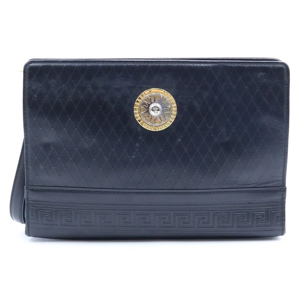 VERSACE(ヴェルサーチ) 太陽モチーフ ロゴプレート レザー ハンド クラッチ セカンドバッグ ブラック ゴールド金具 レディース