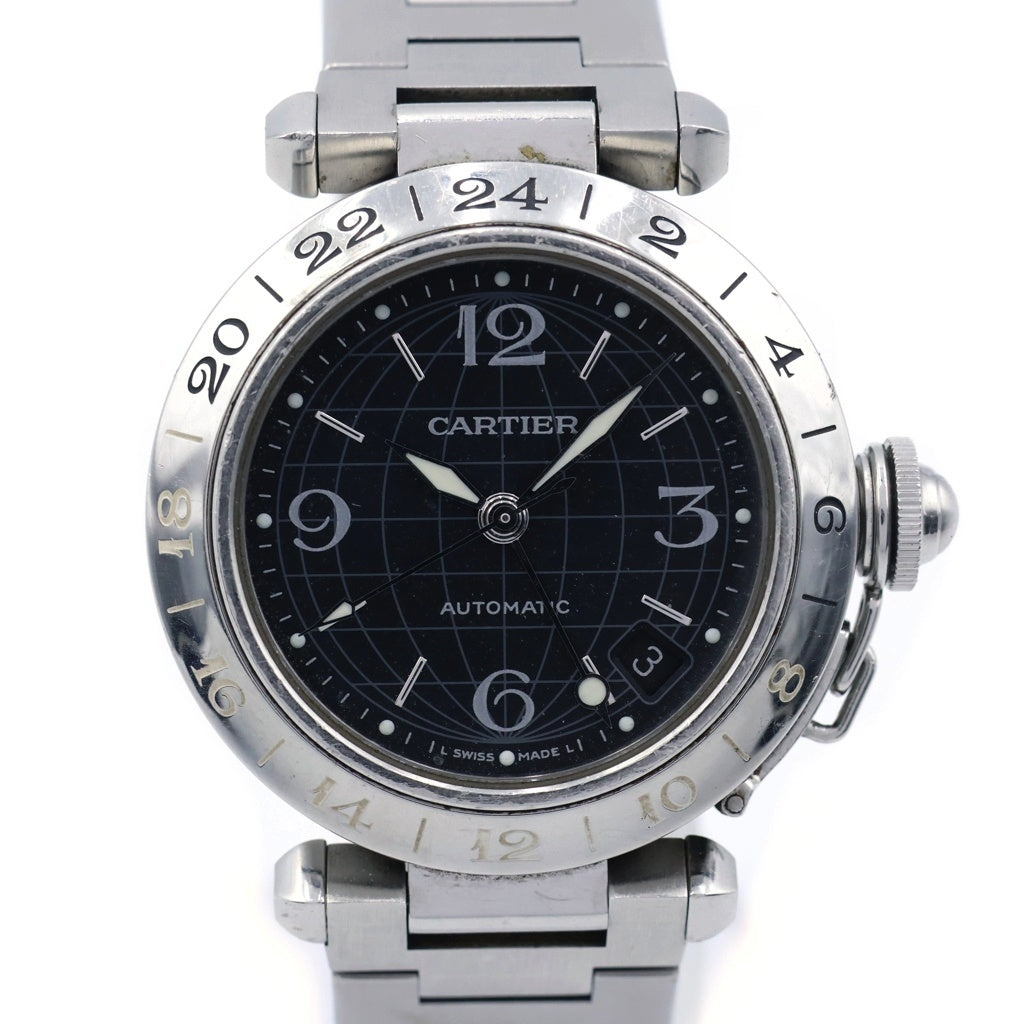 Cartier(カルティエ) パシャC GMT 黒文字盤 腕時計 SS/AT カルティエケア確認済 W31079M7 シルバー×ブラック レディース