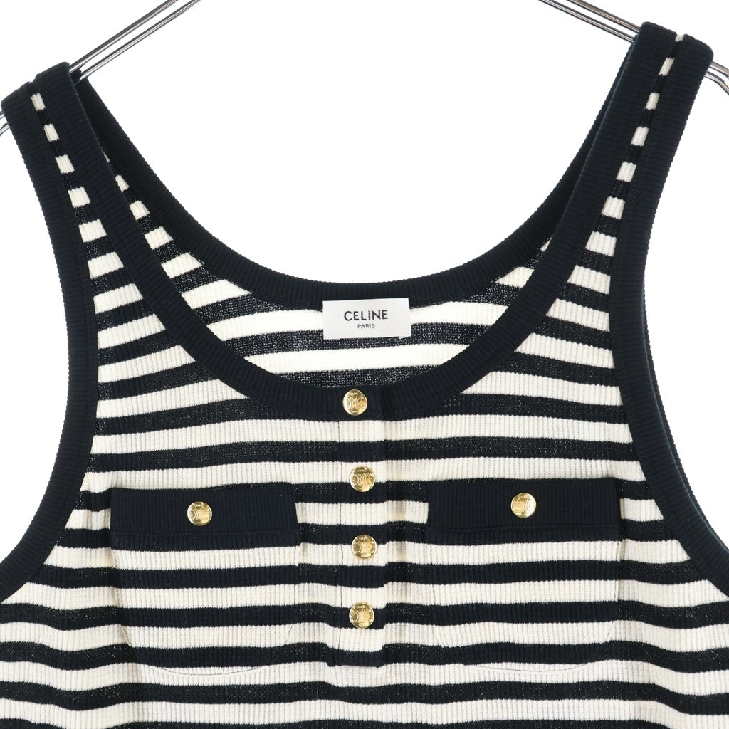 CELINE(セリーヌ) 24SS Mariniere Tank Top マリニエール リブ コットンジャージー タンクトップ ボーダー 金ボタン ブラック/ホワイト レディース