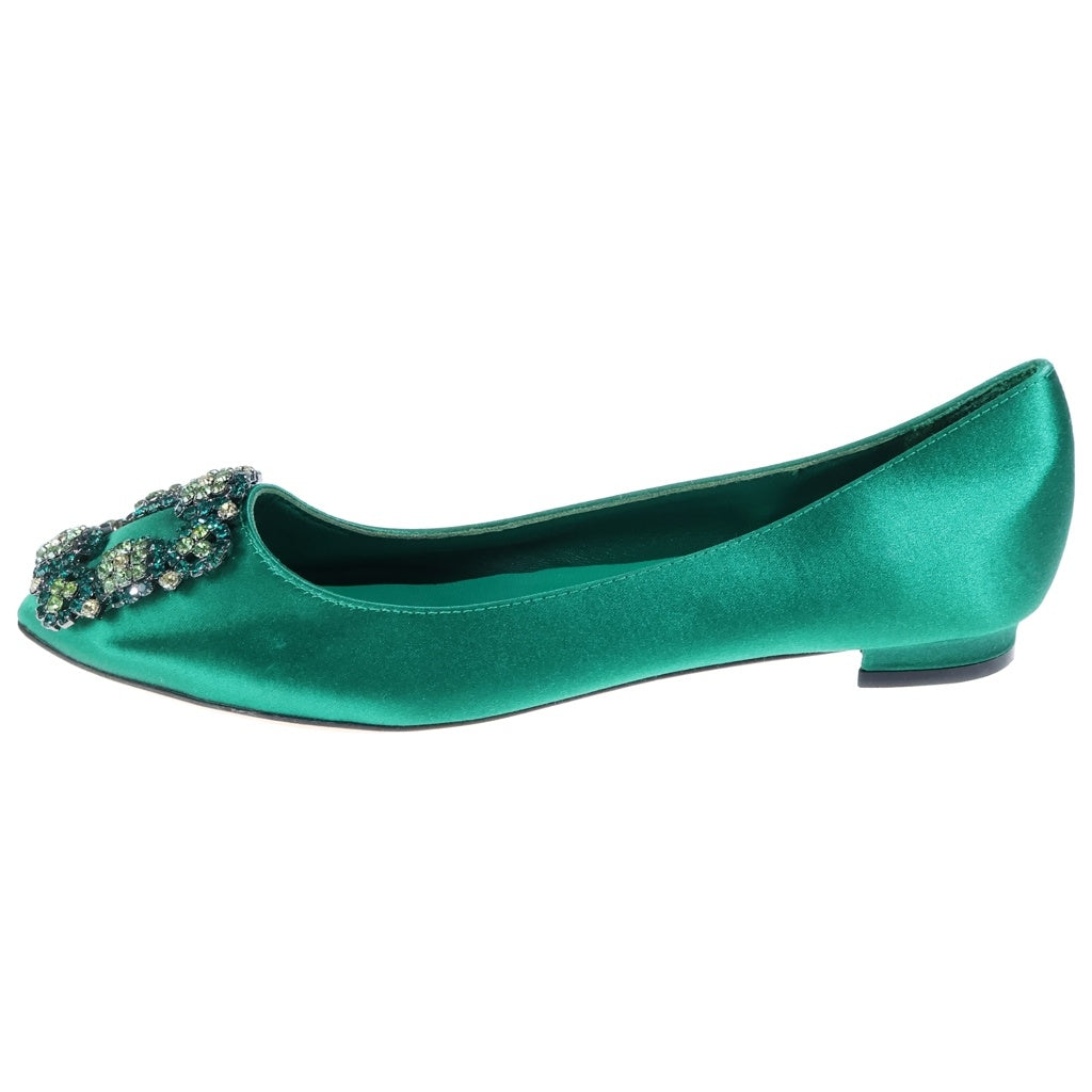 MANOLO BLAHNIK(マノロブラニク) ハンギシ サテン クリスタルバックルパンプス ビジュー グリーン レディース