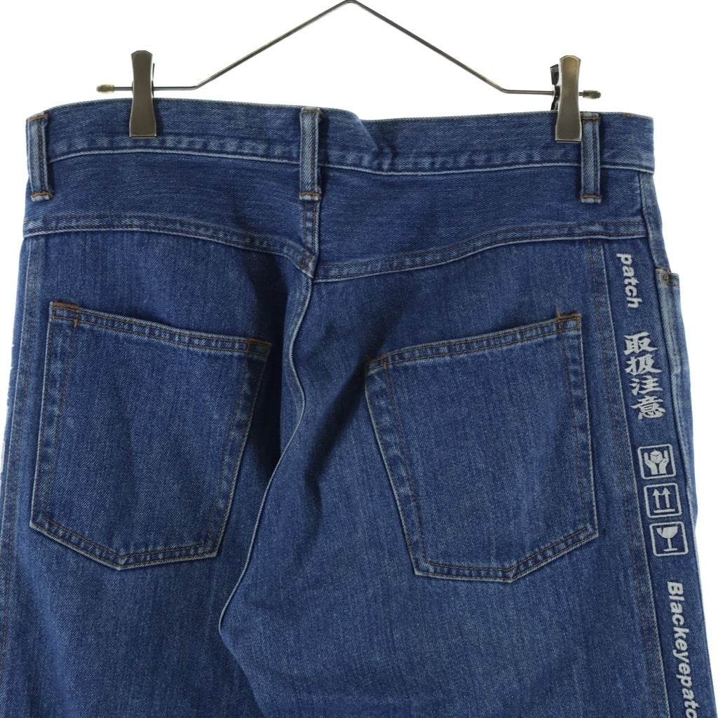 THE BLACK EYE PATCH(ブラックアイパッチ) 19AW Handle with Care Denim サイド刺繍デニムパンツ ジーンズ 取扱注意ロゴ ワイドテーパード インディゴ