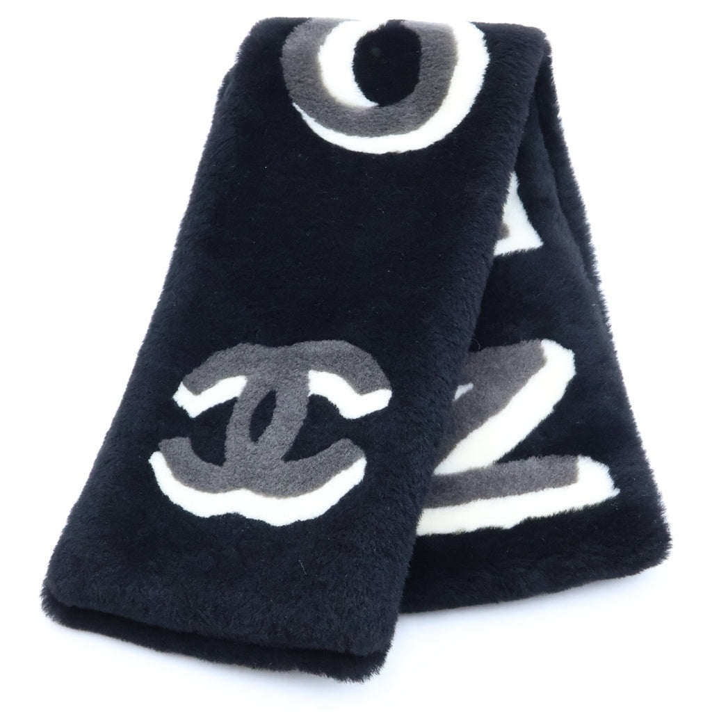 CHANEL(シャネル) シアリング ココマーク ロゴ カシミヤ ムートン ボア マフラー ブラック AA7074 レディース