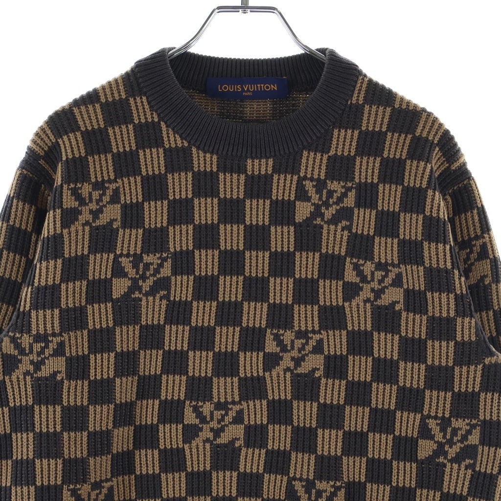 LOUIS VUITTON(ルイヴィトン) 21AW ヴァージルアブロー リブドデニム ダミエジャガード クルーネック 長袖ニット セーター ブラウン RM212 ZLL HLN77W