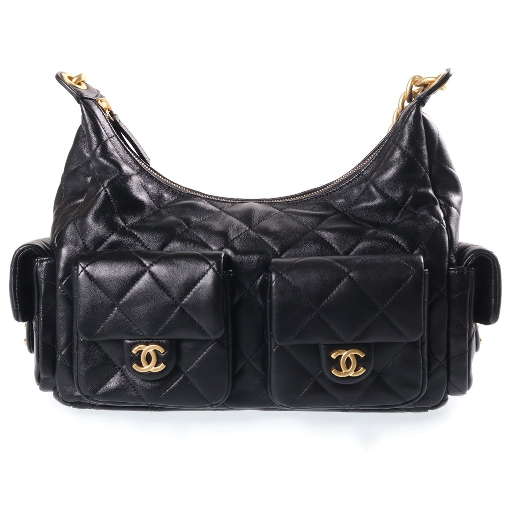CHANEL(シャネル) マトラッセ ホーボー チェーンショルダーバッグ 黒 ラムスキン GD金具 プレートト レディース