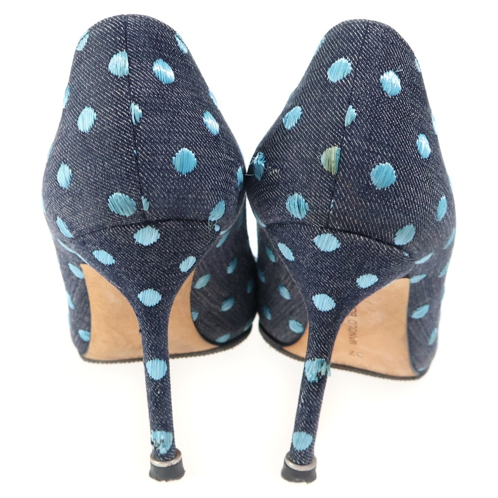 MANOLO BLAHNIK(マノロブラニク) Hangisi Denim Pumps ハンギシ クリスタルバックル デニムパンプス ドット柄 ネイビー/ブルー レディース