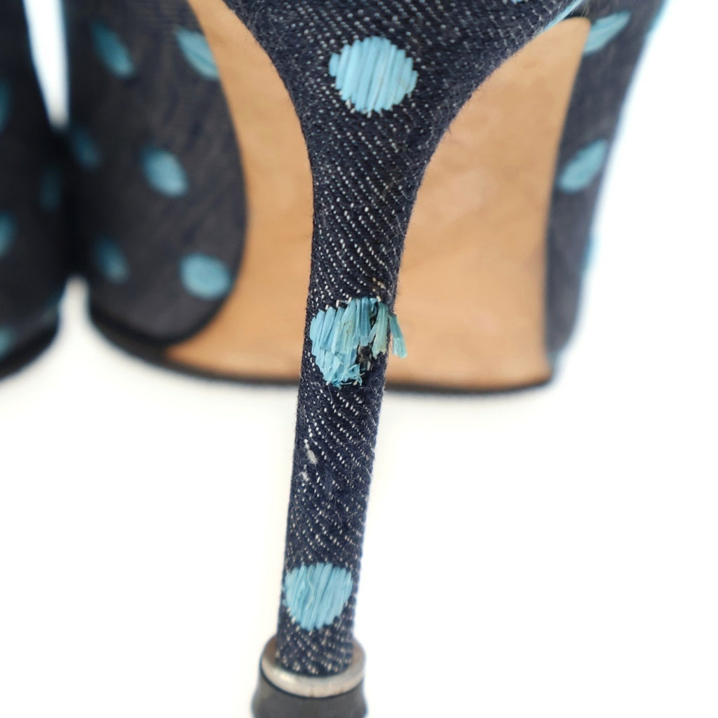 MANOLO BLAHNIK(マノロブラニク) Hangisi Denim Pumps ハンギシ クリスタルバックル デニムパンプス ドット柄 ネイビー/ブルー レディース