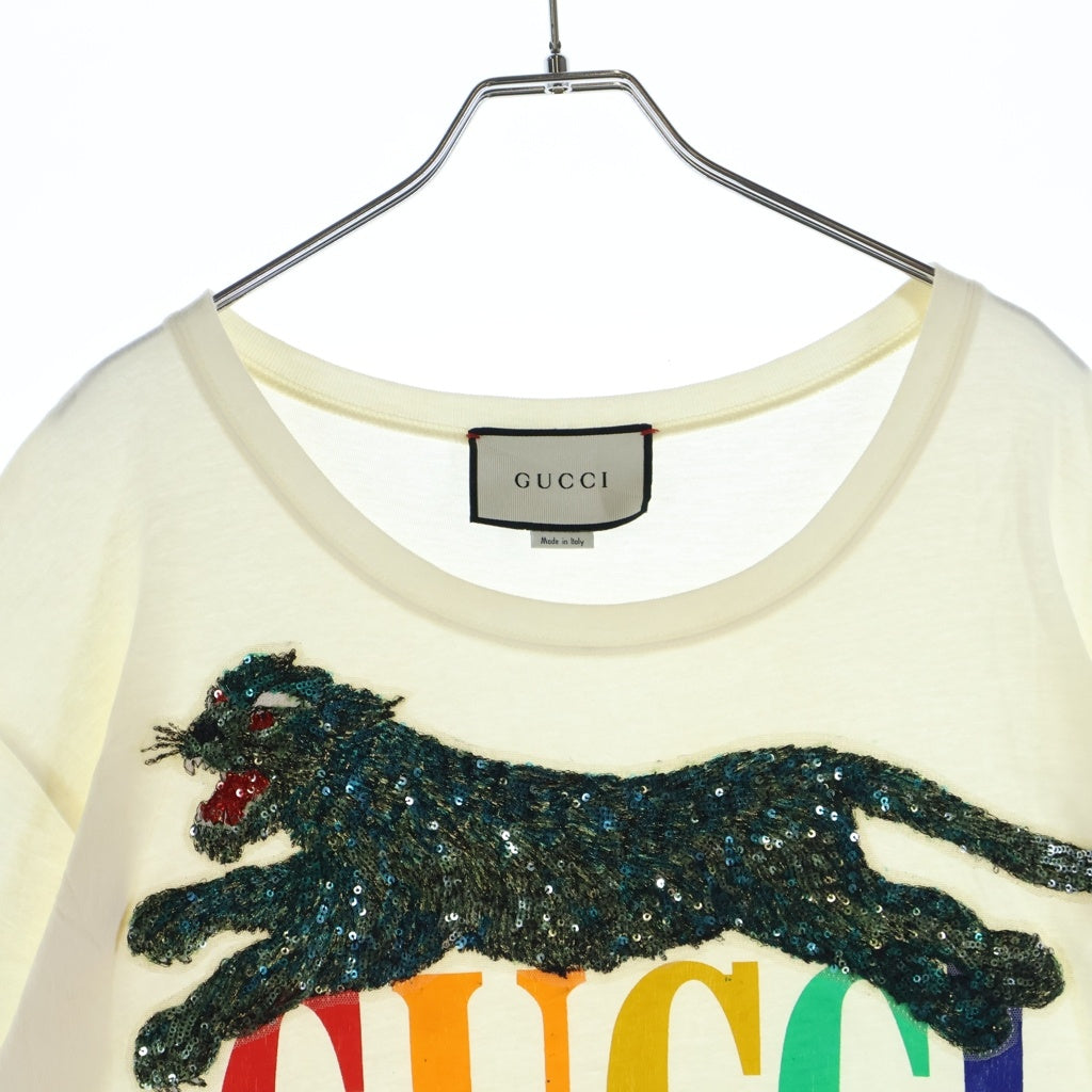 GUCCI(グッチ) スパンコールタイガーモチーフ ロゴクルーネック半袖Tシャツ カットソー アイボリー #L 492347 X9Y36 レディース