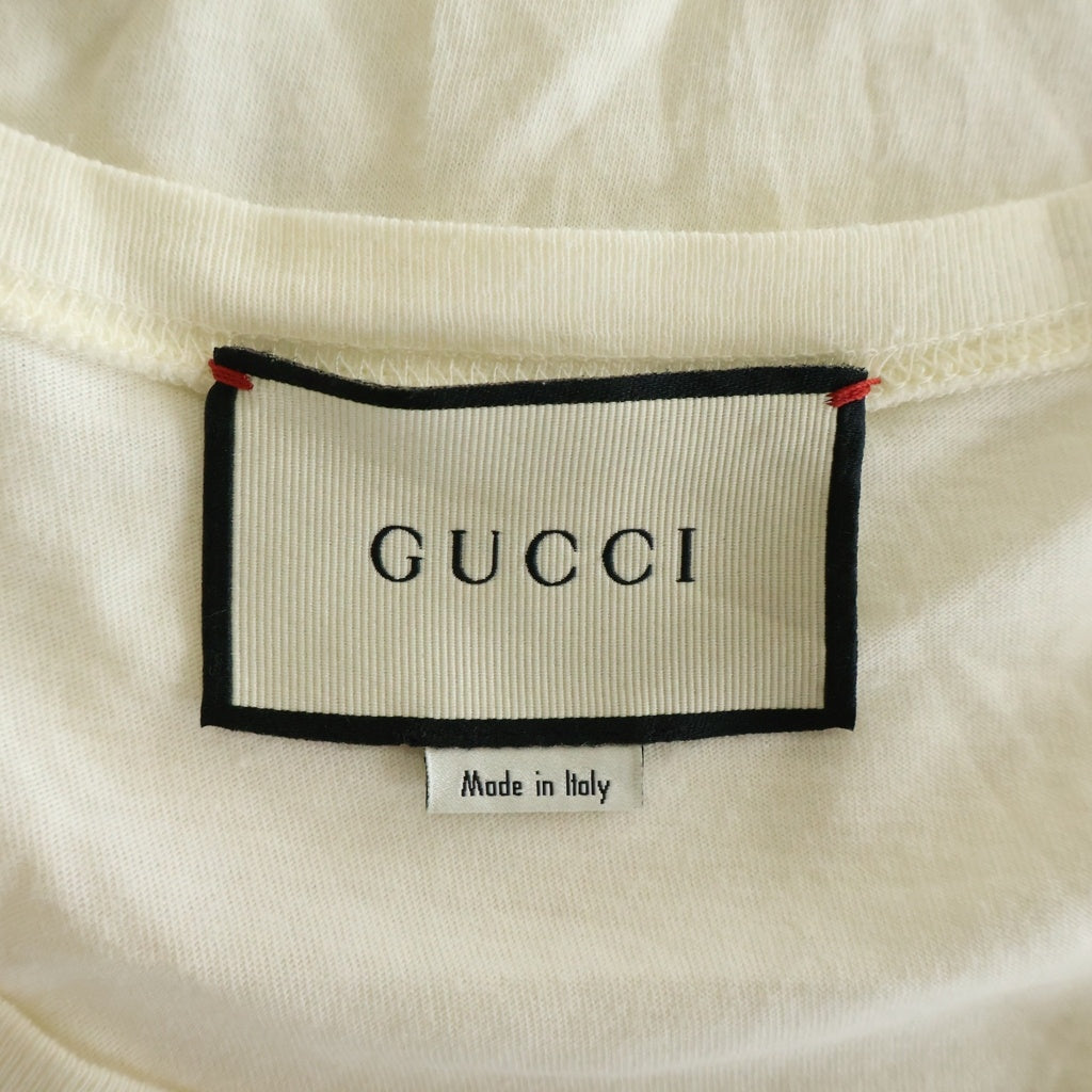 GUCCI(グッチ) スパンコールタイガーモチーフ ロゴクルーネック半袖Tシャツ カットソー アイボリー #L 492347 X9Y36 レディース