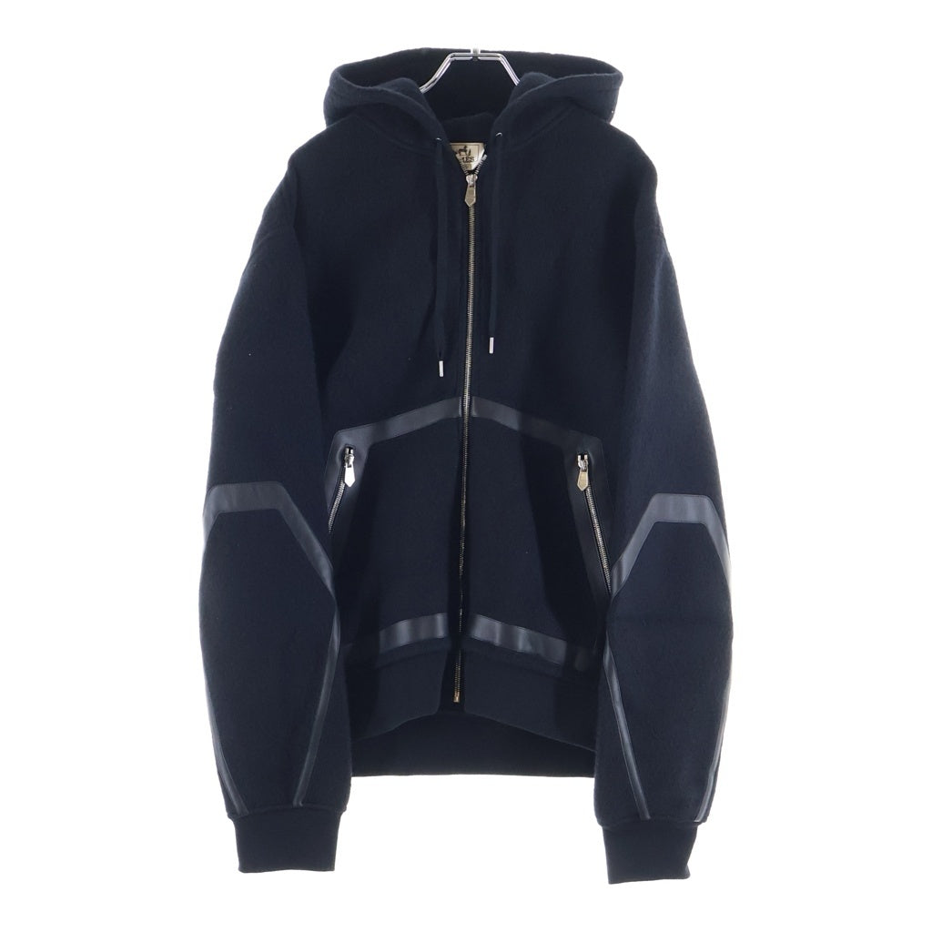 HERMES(エルメス) 23AW ウールカシミヤ レザートリム ジップアップパーカー フーディー ブラック #L