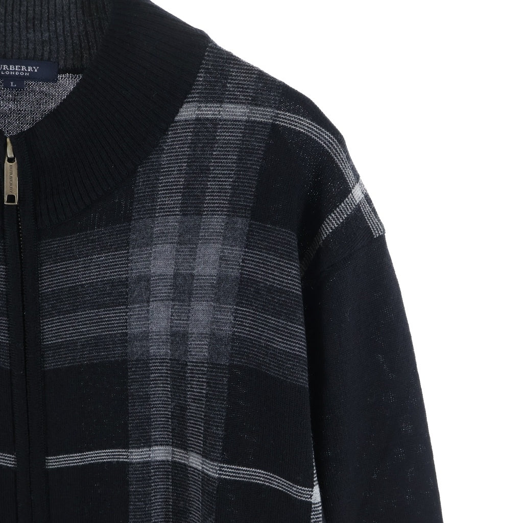 BURBERRY(バーバリー) ジップアップニット チェック柄ドライバーズニット ブラック×グレー #L レディース