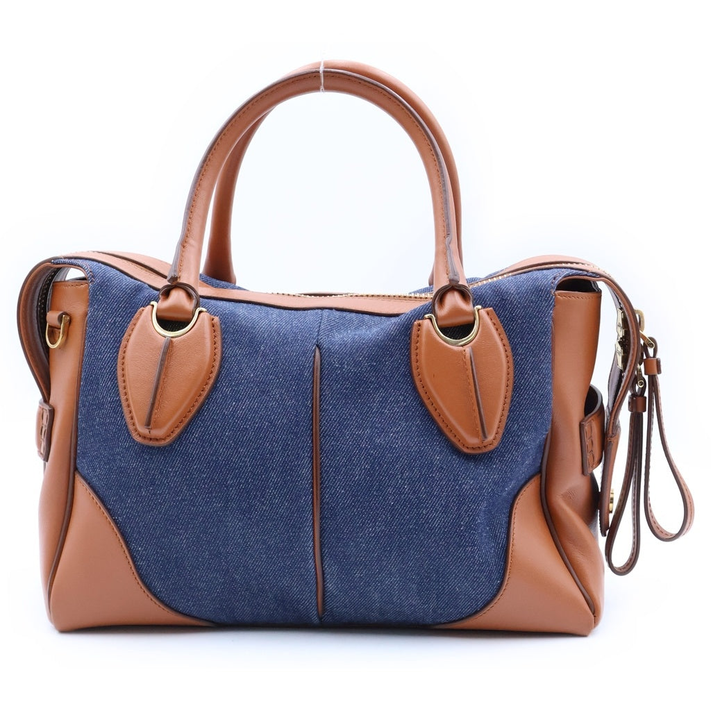 TOD'S(トッズ) 2WAY ハンドバッグ ショルダーバッグ インディゴブルー×ブラウン レザー×デニム ゴールド金具 レディース