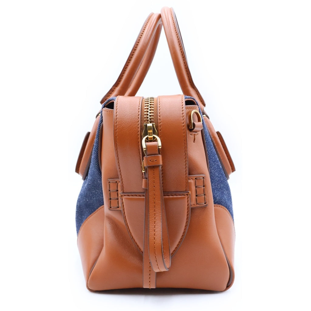 TOD'S(トッズ) 2WAY ハンドバッグ ショルダーバッグ インディゴブルー×ブラウン レザー×デニム ゴールド金具 レディース