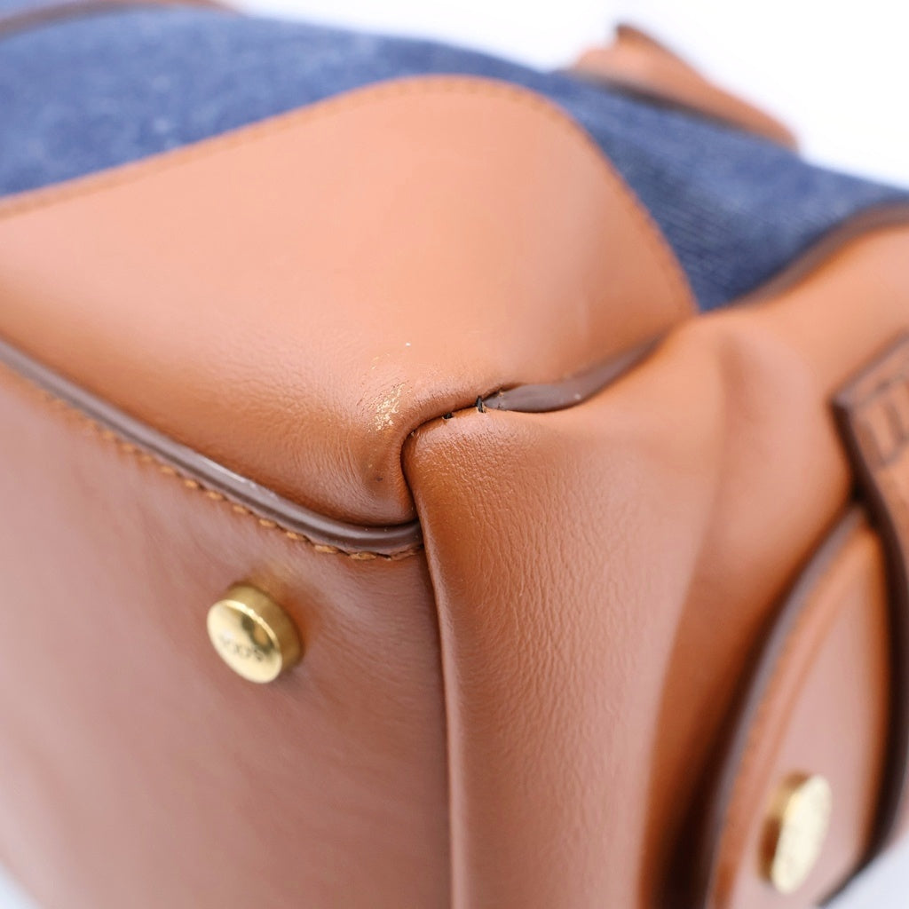 TOD'S(トッズ) 2WAY ハンドバッグ ショルダーバッグ インディゴブルー×ブラウン レザー×デニム ゴールド金具 レディース