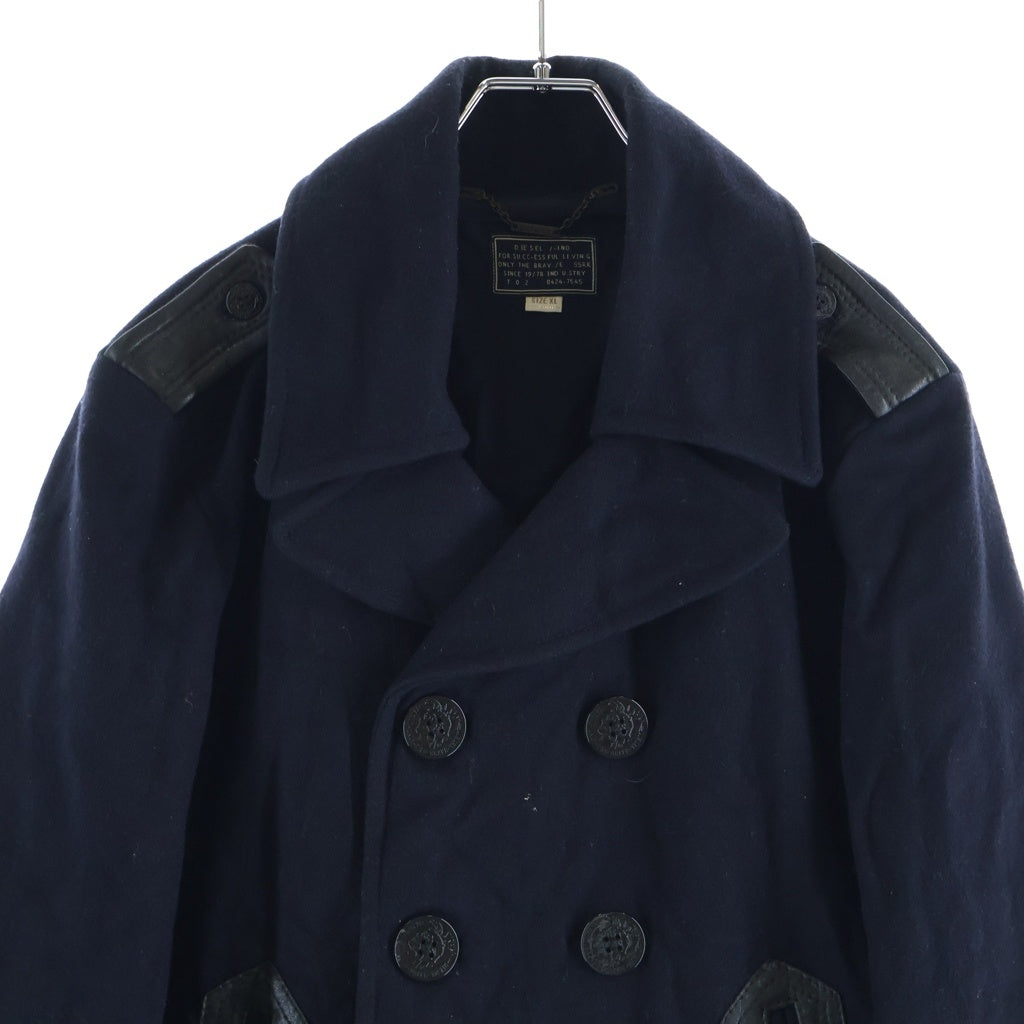 DIESEL(ディーゼル) レザー切り替え メルトンウール ダブルブレスト Pコート ジャケット ネイビー