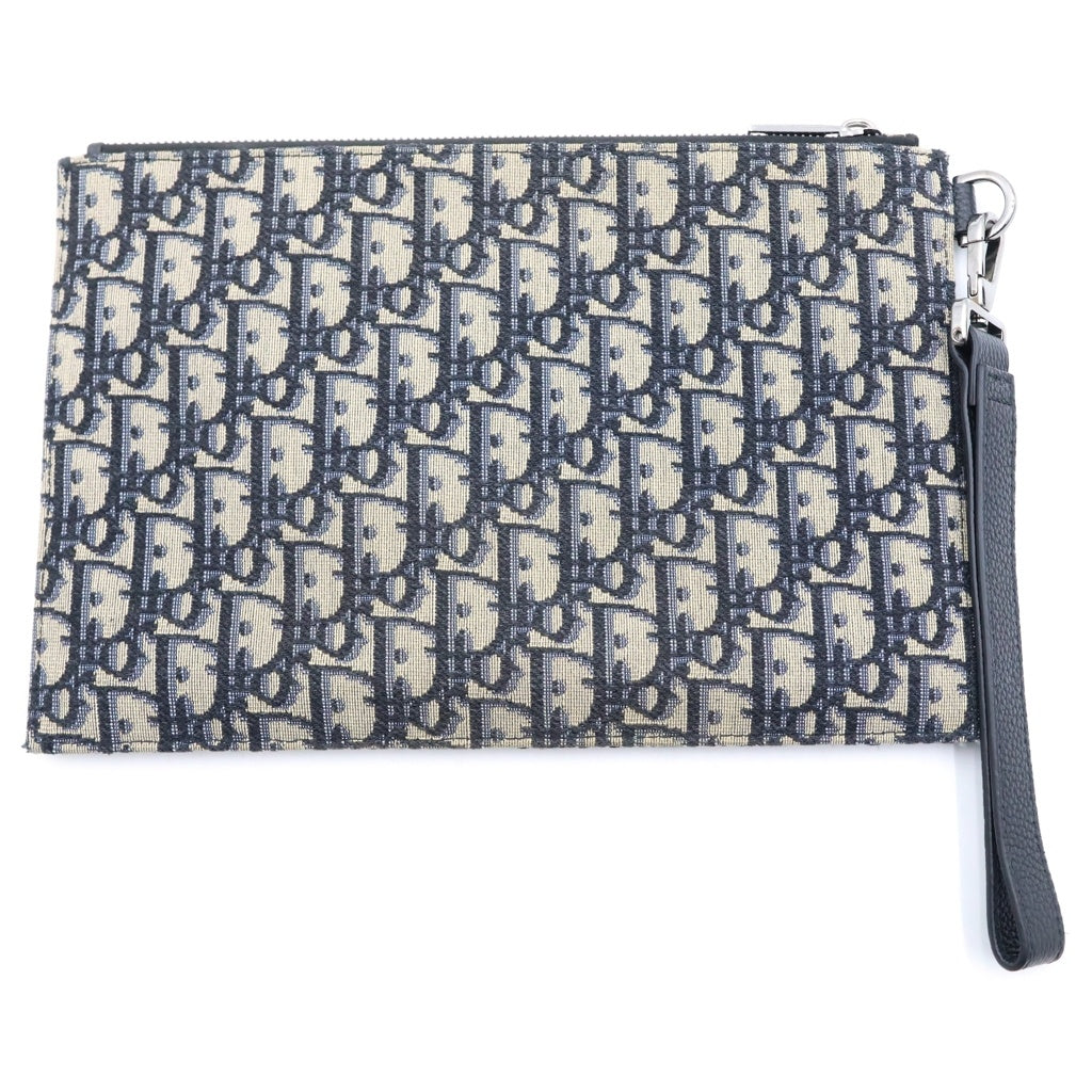 Christian Dior(クリスチャンディオール) オブリーク ジャカード クラッチバッグ セカンドバッグ ネイビー レザー×キャンバス シルバー金具 レディース