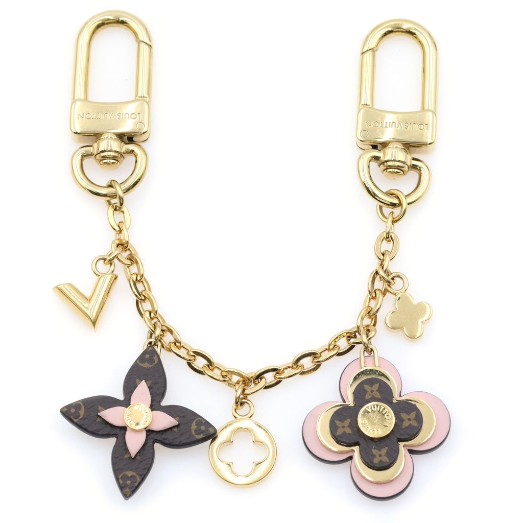 LOUIS VUITTON(ルイヴィトン) LVチェーン ブルーミング フラワー バックチャーム ストラップ モノグラム レザー ゴールド/ブラウン/ピンク M01414 レディース